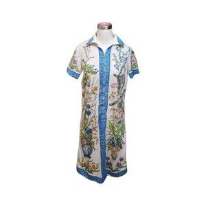 Floral Dress Japanese Asian Print Zip Front Polyester Size Small Signed Serbin